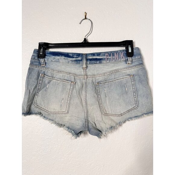 Victorias Secret Pink Denim Rhinestone Embellished Frayed Hem Shorts Size 8 - Picture 2 of 6